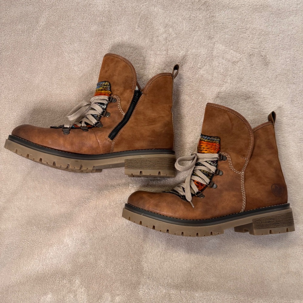 Rieker Leather Lug Sole Sweater Knit Sherpa Hiking Boots Cozy Boho EU40/US 9.5 - Picture 6 of 11